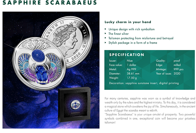 SAPPHIRE SCARABAEUS Ancient Symbol Silver Coin 1$ Niue 2020