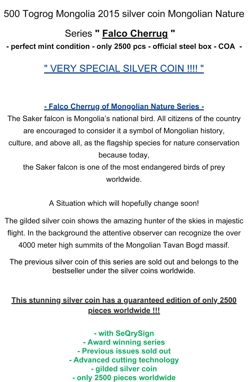 MONGOLIAN FALCON CHERRUG Nature Silver Coin 500 Togrog Mongolia 2015